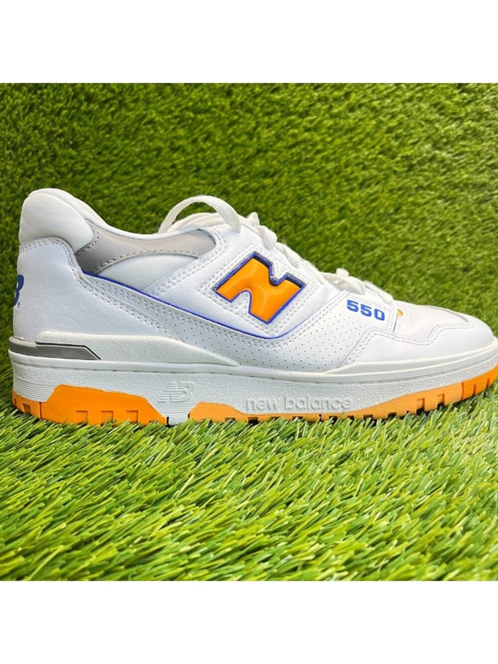 New Balance 550 Mens Size 9.5 White Orange Blue Athletic Leather Shoes Sneakers